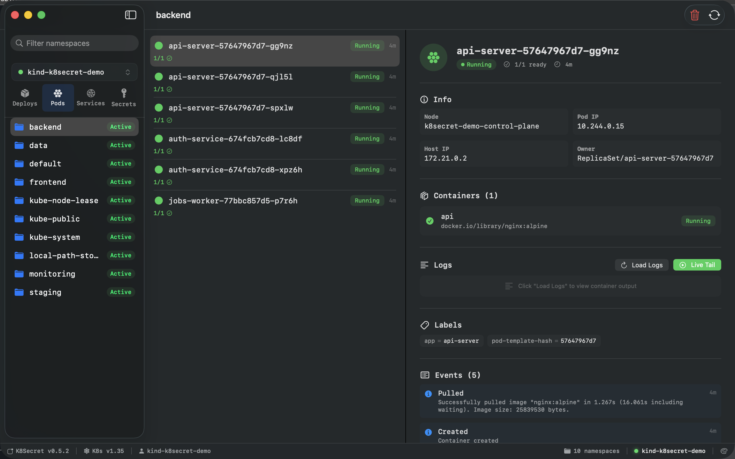 Pod detail view with metrics, container info, and events