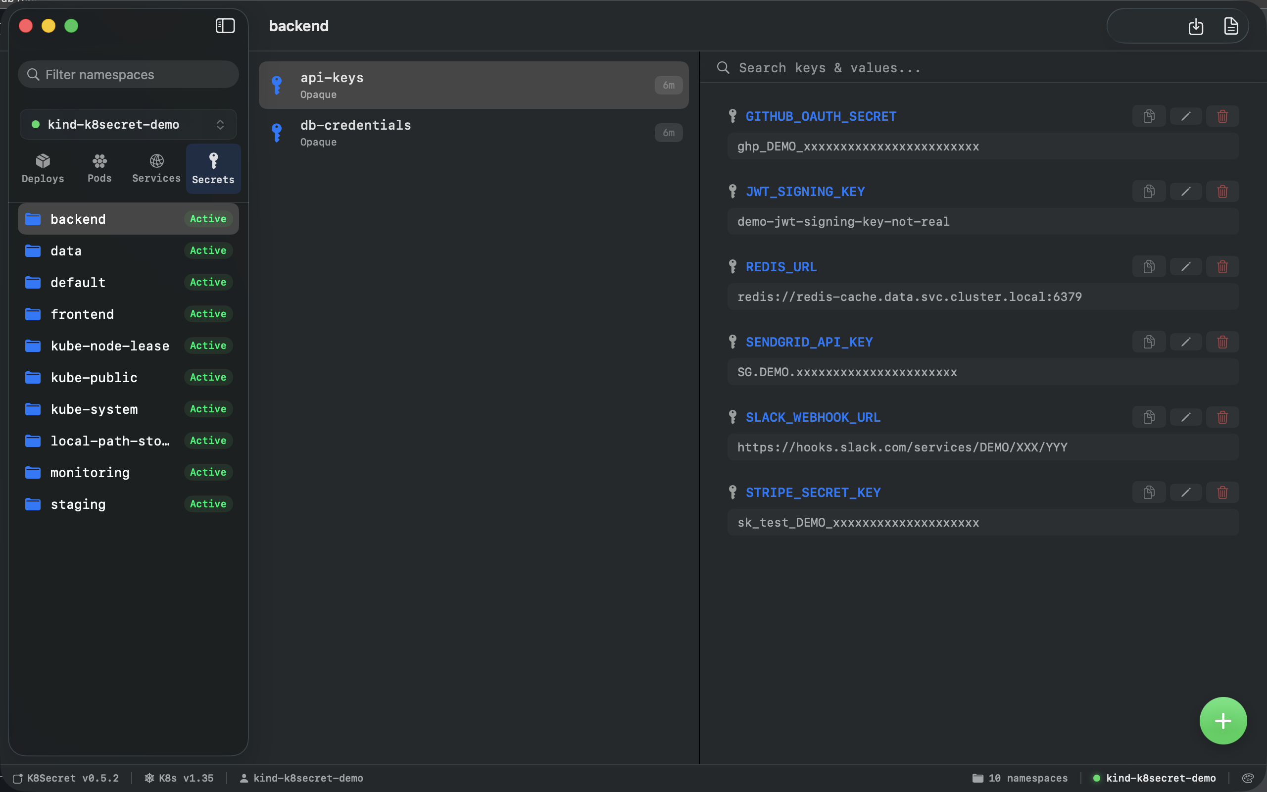 A Kubernetes secret displayed as plain key/value pairs with reveal-on-click controls