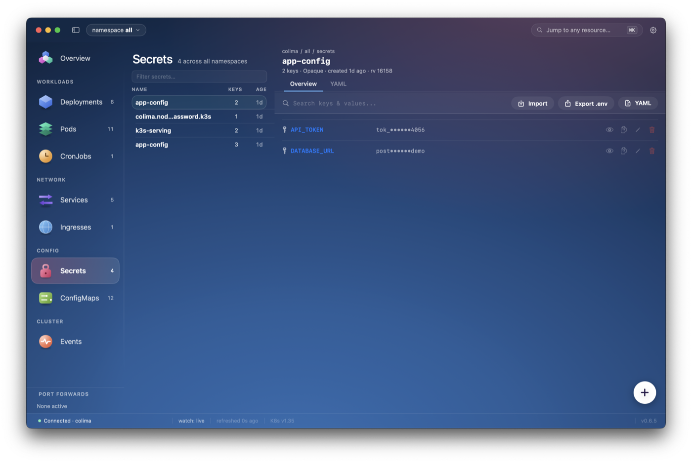 A Kubernetes secret displayed as plain key/value pairs with reveal-on-click controls