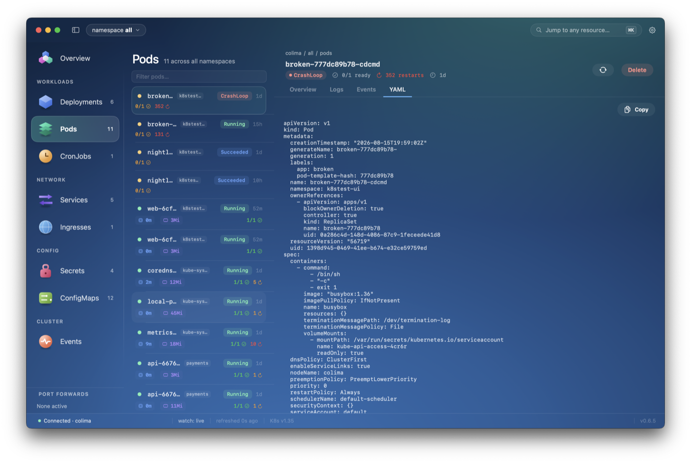 Live log streaming window with severity filters and search